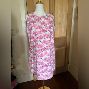 Love Lilly White and Pink Cotton Flamingo Shift Shirt Dress - Size 10 - Pockets